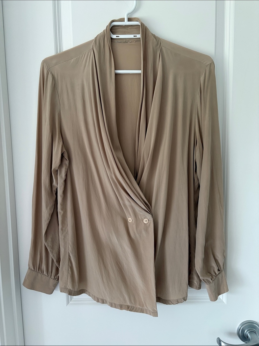 100% Silk Vintage Taupe Wrap Blouse with Draped Collar